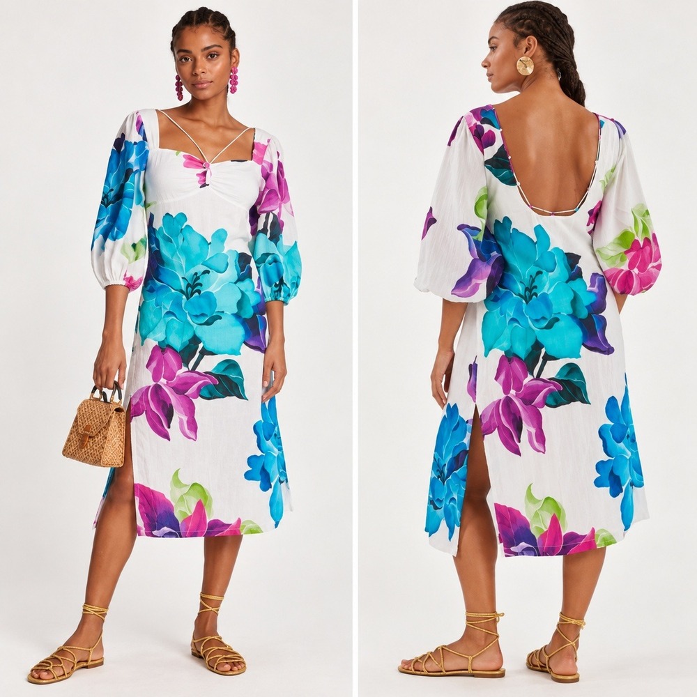 Maeve Anthropologie Floral Open Back Maxi Dress Boho 14 White Blue Tropical